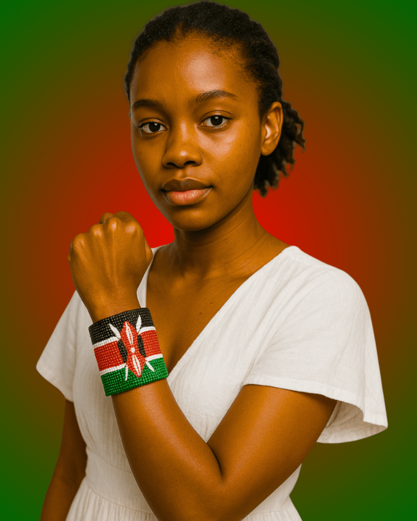 African Kenyan Lady Wearing a Classic Adimu Collections Kenyan Flag Themed Bracelet
