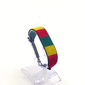 Handmade Cameroon flag beaded bracelet in green, red, and yellow on display stand